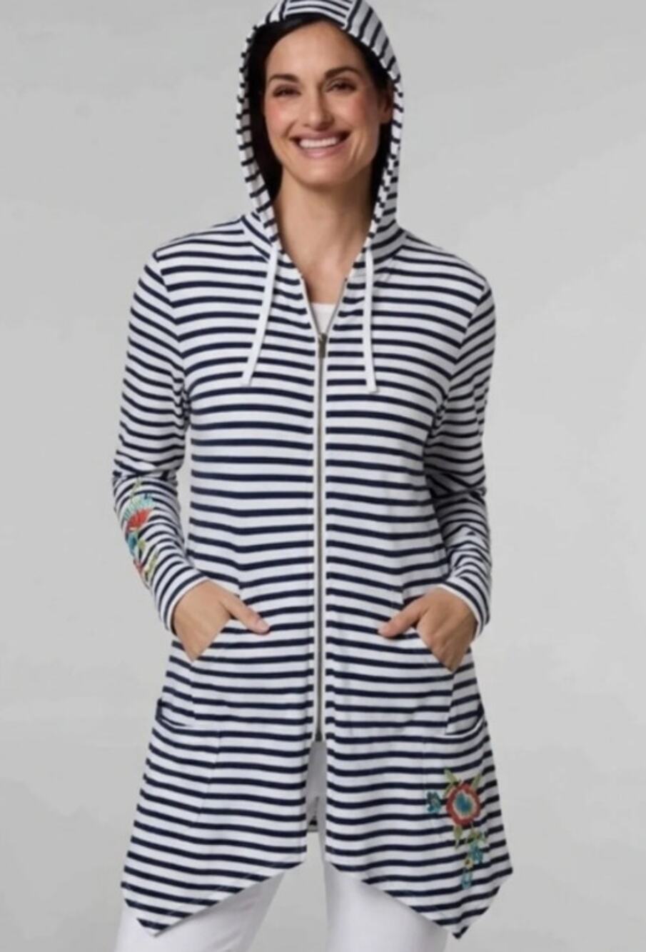Soft Surroundings Kalia Nautical Stripe Full Zip Hoodie Large Floral Embroidered